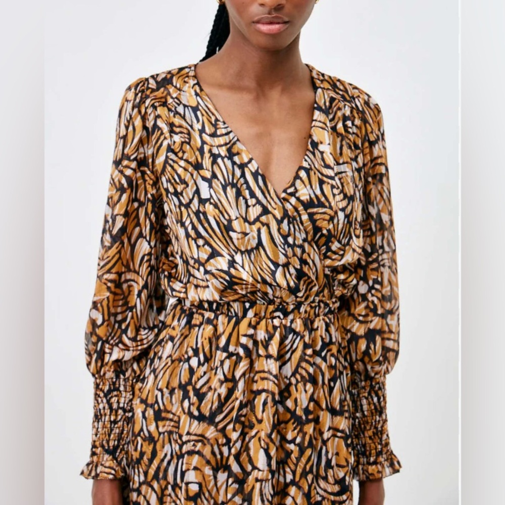Suncoo Paris Chona Gold Black Faux Wrap Metallic Thread Midi Dress Small